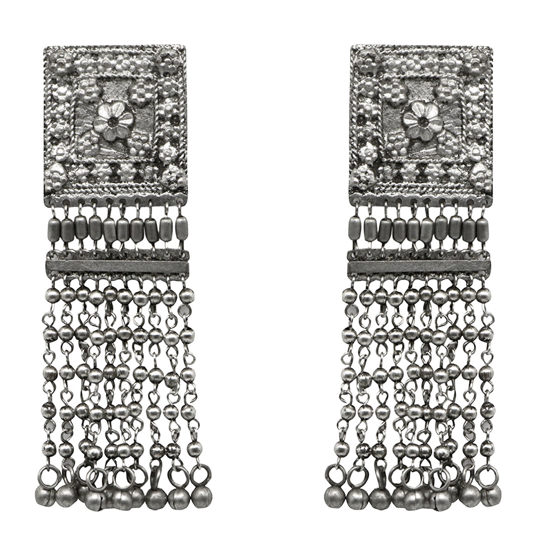 Teejh Sneha Square Motif Silver Ghungroo Oxidised Earrings