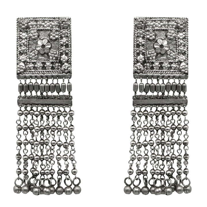 Teejh Sneha Square Motif Silver Ghungroo Oxidised Earrings
