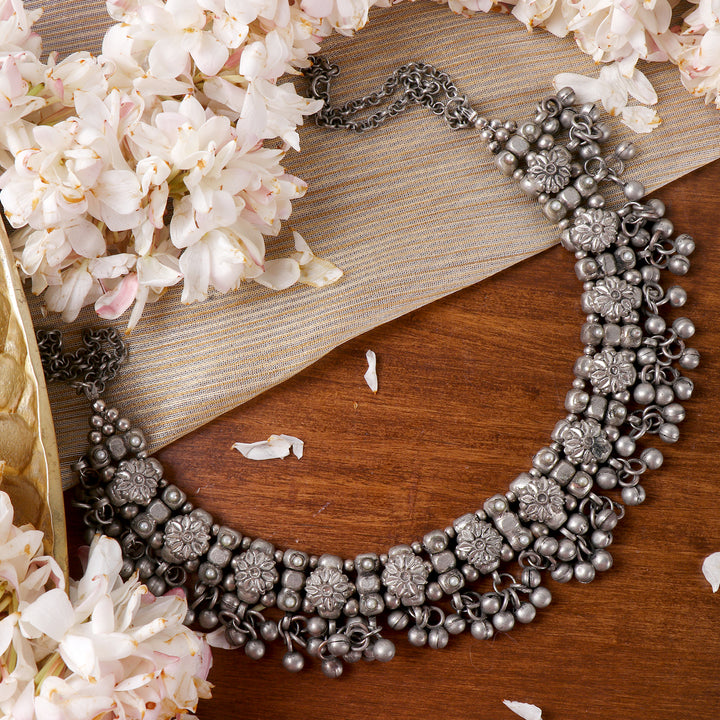 Teejh Jiya Floral Silver Oxidised Ghungroo Necklace