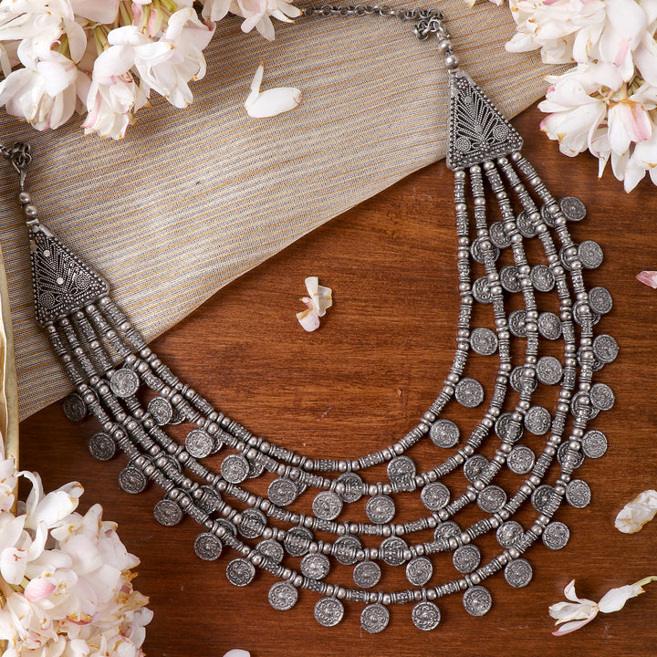 Teejh Ksheya Layered Silver Oxidised Necklace