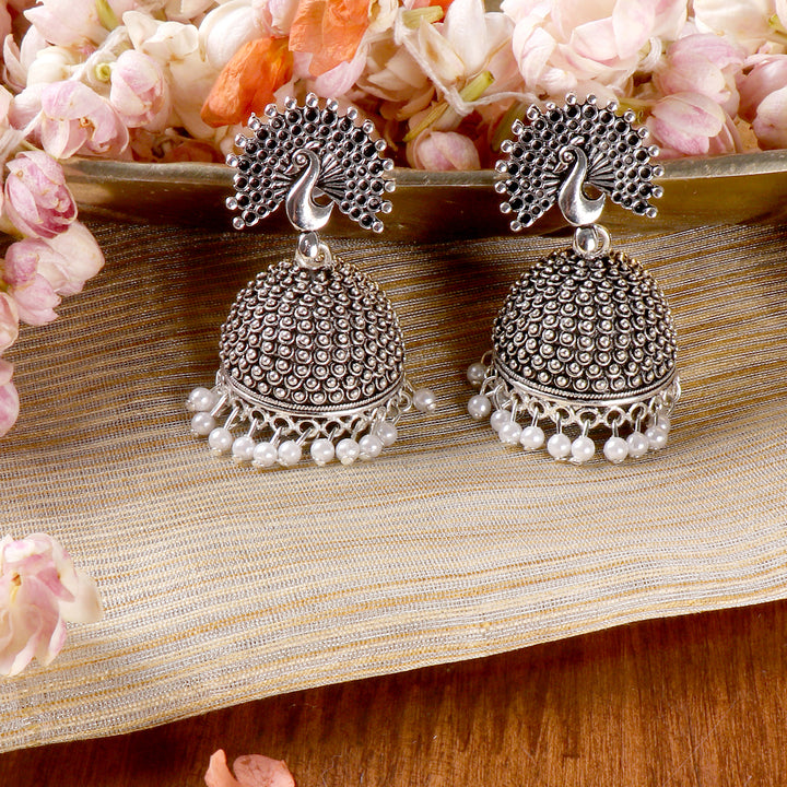 Teejh Kalapi White Silver Oxidized Pearl Jhumki