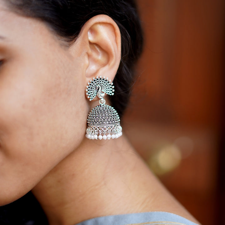 Teejh Kalapi White Silver Oxidized Pearl Jhumki