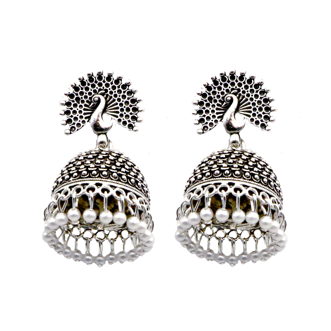 Teejh Kalapi White Silver Oxidized Pearl Jhumki