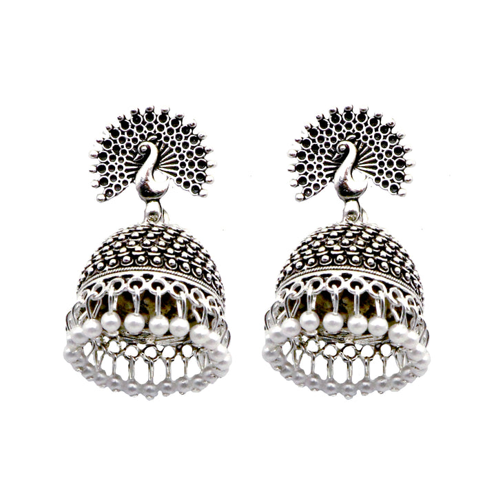 Teejh Kalapi White Silver Oxidized Pearl Jhumki