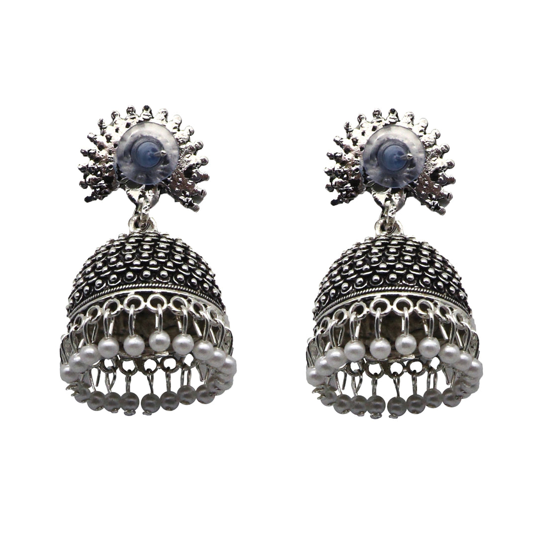 Teejh Kalapi White Silver Oxidized Pearl Jhumki