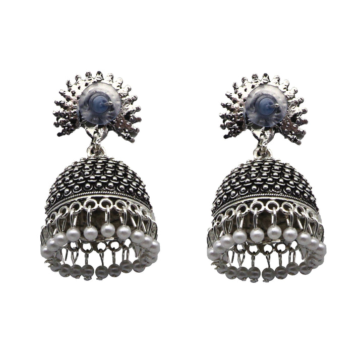 Teejh Kalapi White Silver Oxidized Pearl Jhumki