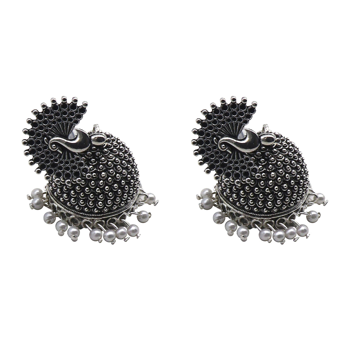 Teejh Kalapi White Silver Oxidized Pearl Jhumki