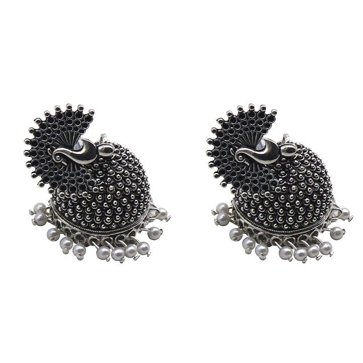 Teejh Kalapi White Silver Oxidized Pearl Jhumki