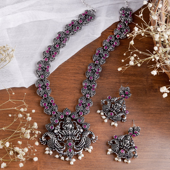 Teejh Saanvi Red Stone Temple Work Necklace Set