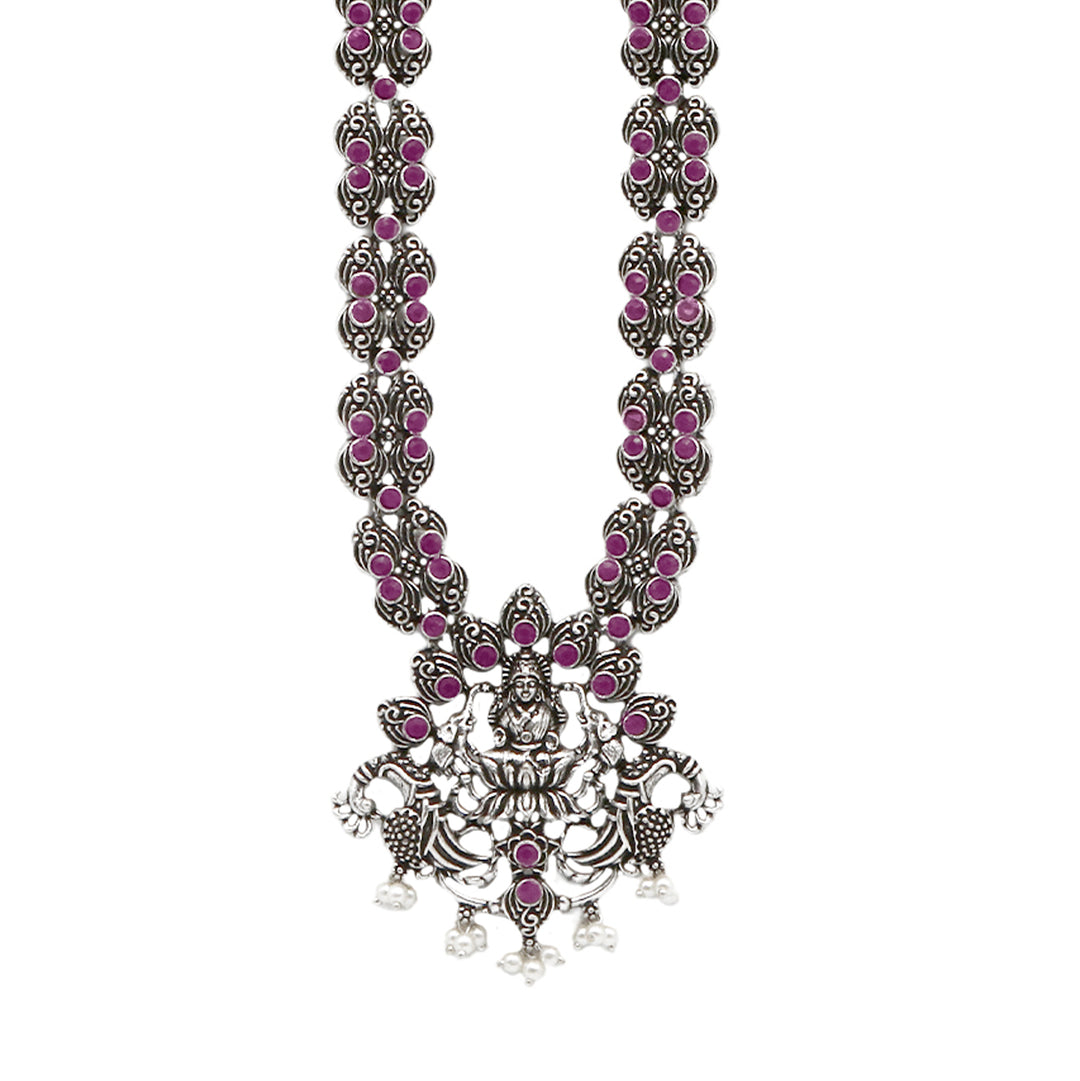 Teejh Saanvi Red Stone Temple Work Necklace Set