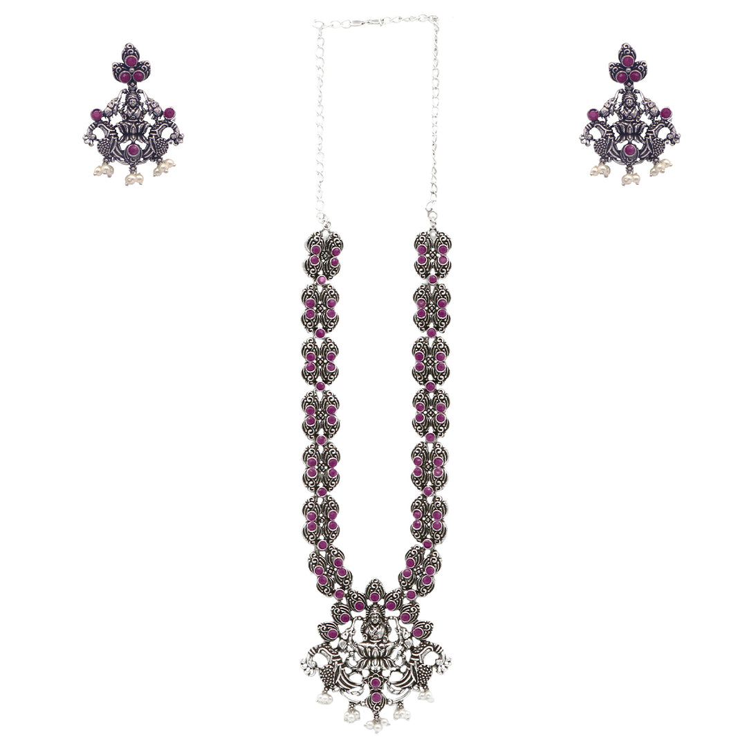 Teejh Saanvi Red Stone Temple Work Necklace Set