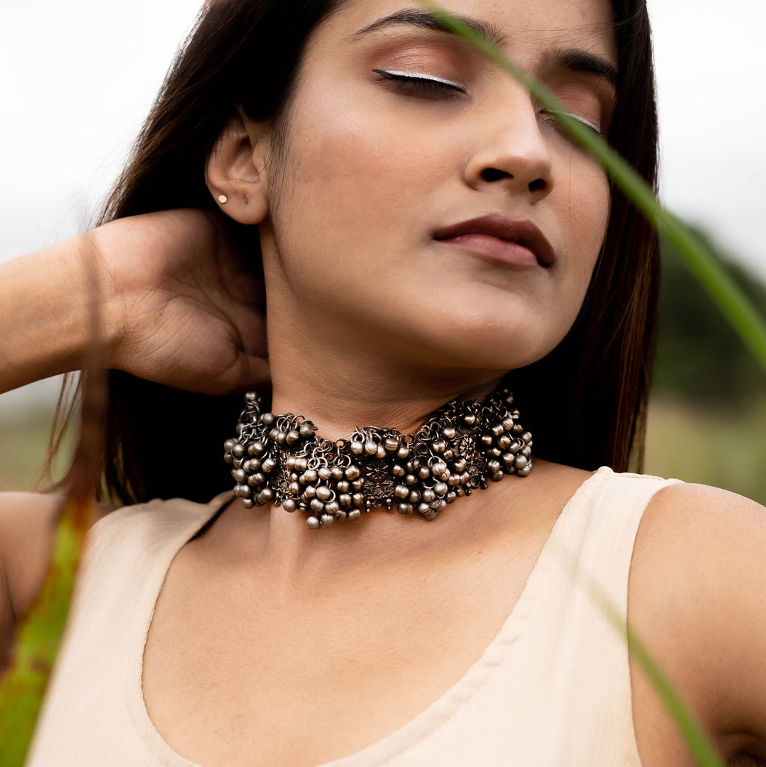 Teejh Shrika Antique Silver Polish Choker Necklace