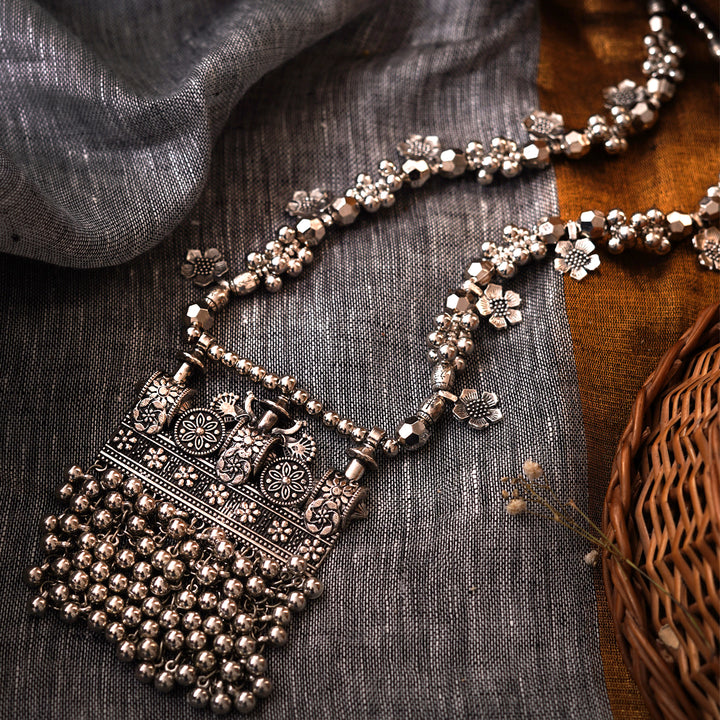 Teejh Nihan Silver Oxidised ghungroo Long necklace