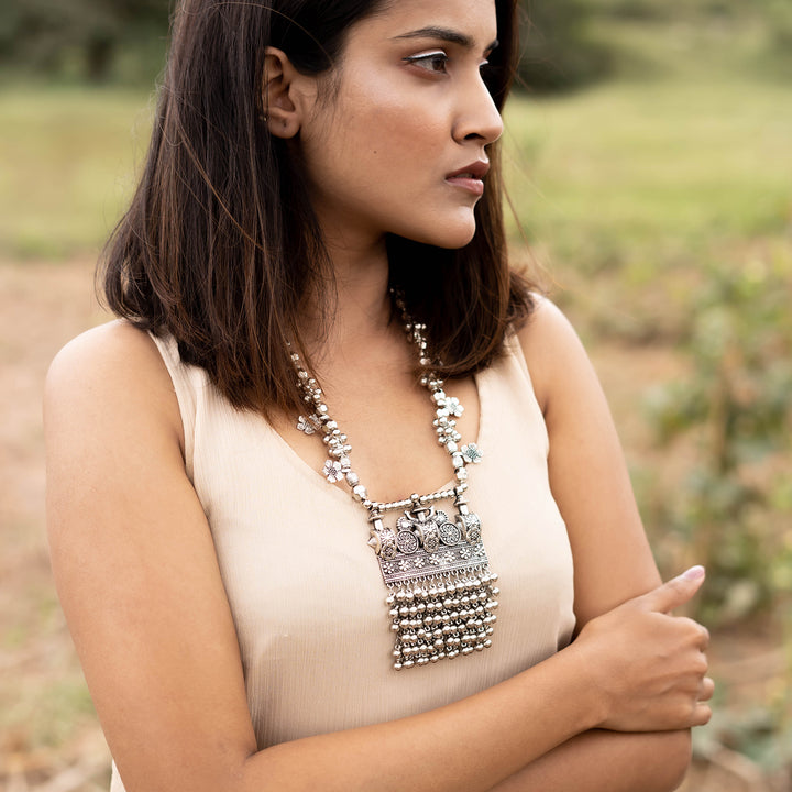 Teejh Nihan Silver Oxidised ghungroo Long necklace