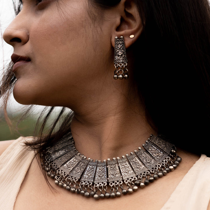 Teejh Mihira Silver Oxidised Choker Necklace Set