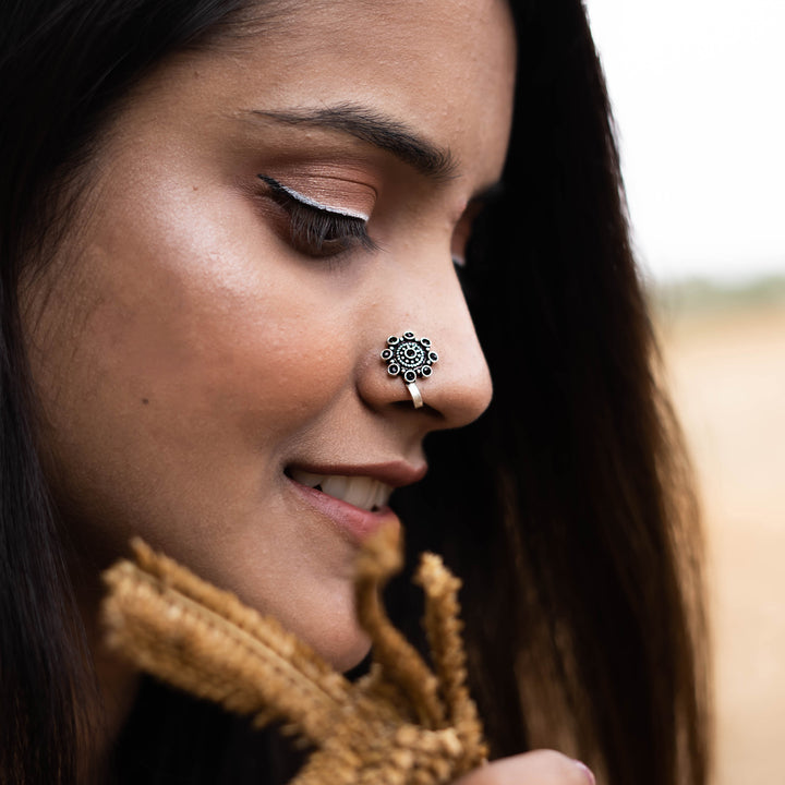 Teejh Aagamya Black Stone Silver Oxidised Nose Pin