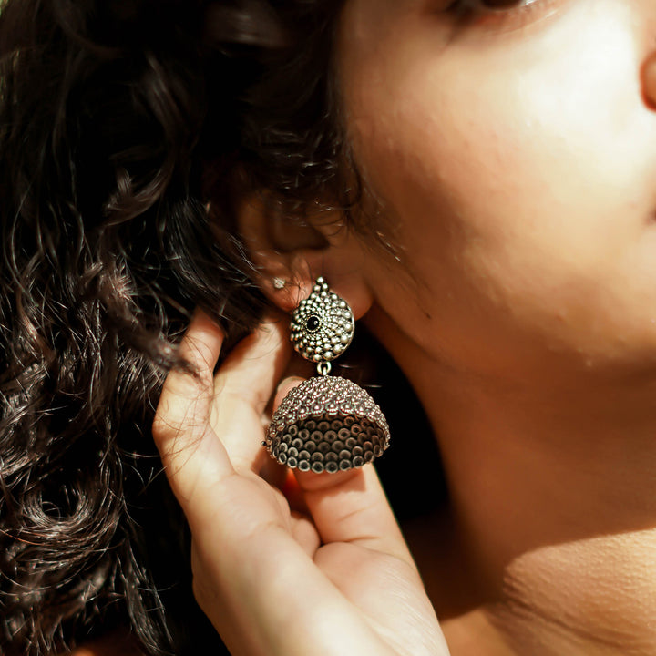 Teejh Dharvi Black Stone Antique Silver Jhumki