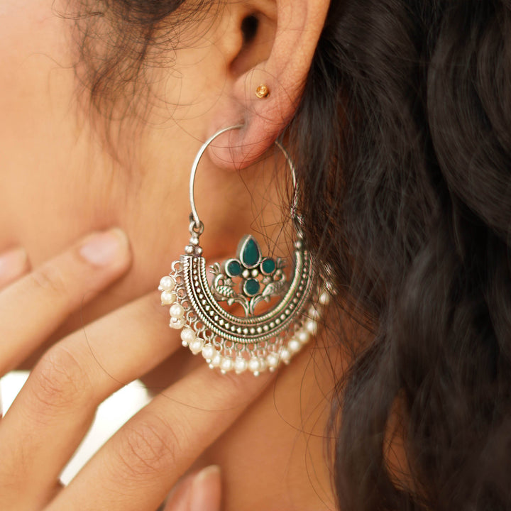 Teejh Saara Floral Green Stone Hoop Earrings