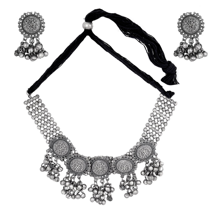 Teejh Kiva Silver Oxidised Ghungroo Necklace Set