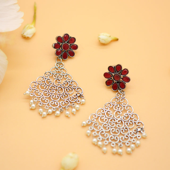 Jali Red Filigree Pearl Earrings - Teejh
