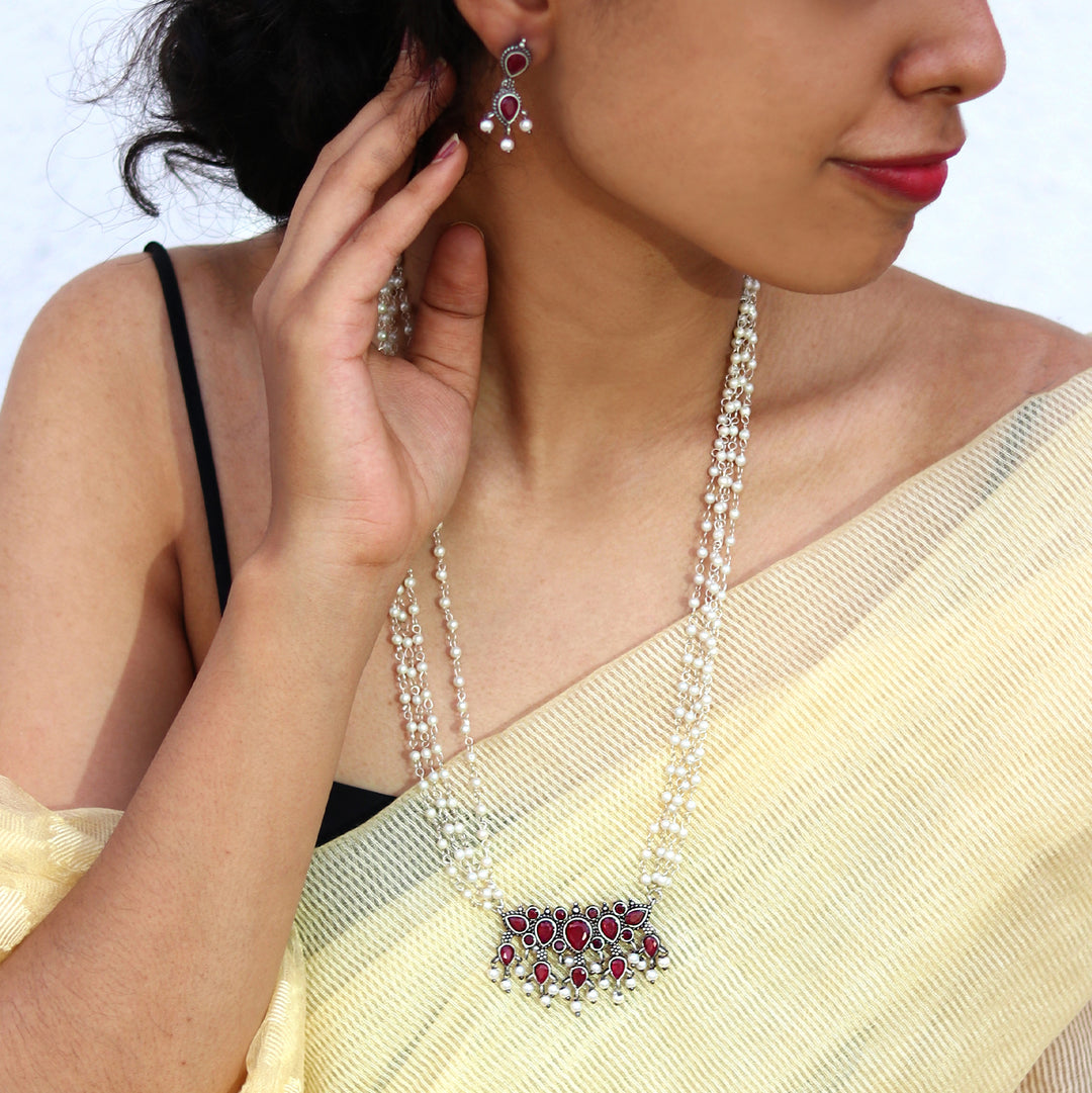 Teejh Binita Pink Stone Pearl Necklace Set