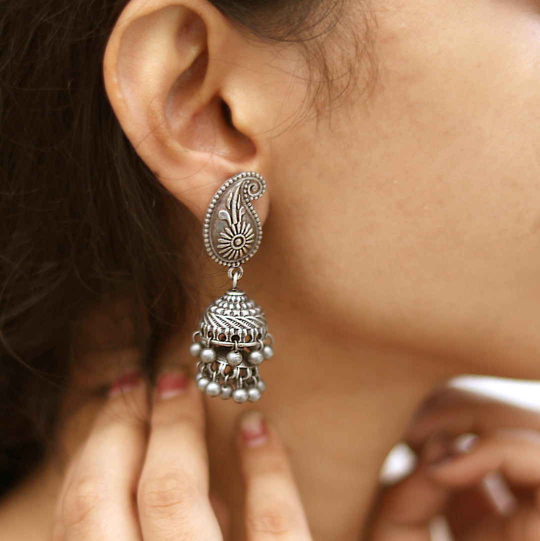 Teejh Mango Butti Silver Oxidised Jhumki