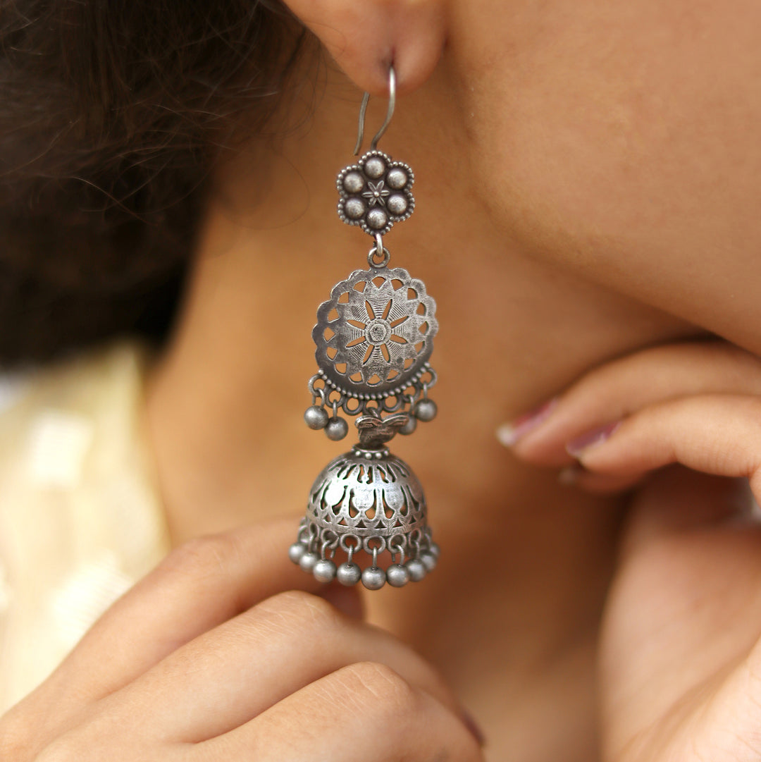 Teejh Anushreya Floral Silver Oxidised Jhumki