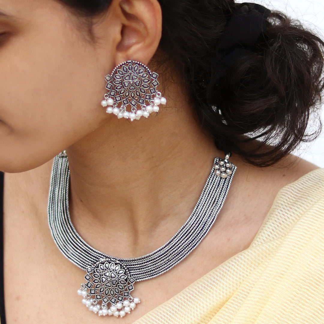 Teejh Laasya Silver Oxidised Necklace Set
