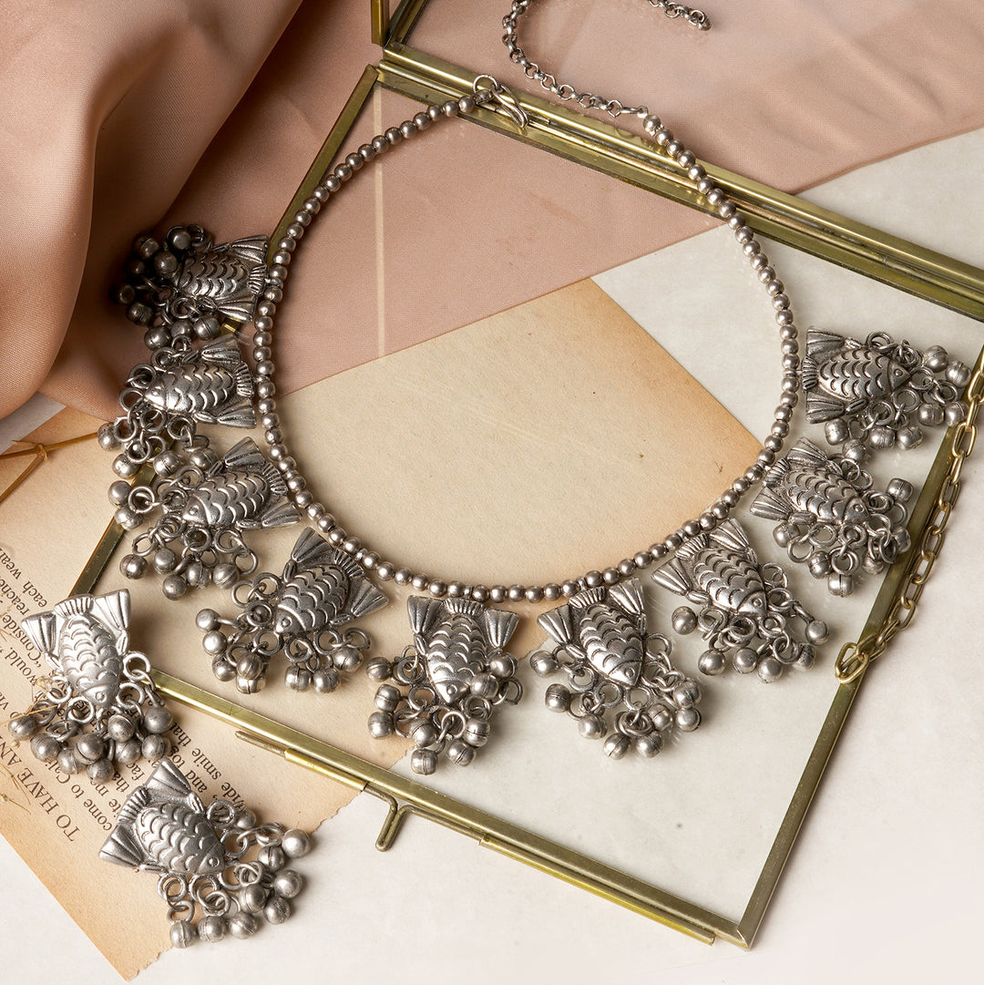 Teejh Meen Silver Oxidised Necklace Set