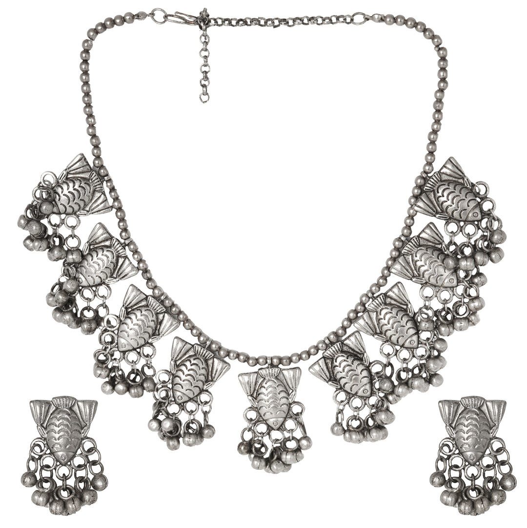 Teejh Meen Silver Oxidised Necklace Set