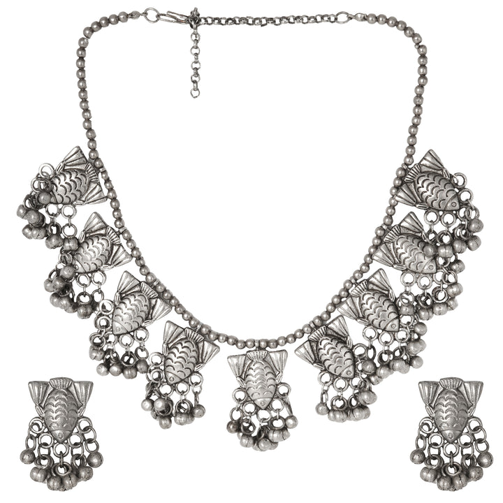 Teejh Meen Silver Oxidised Necklace Set