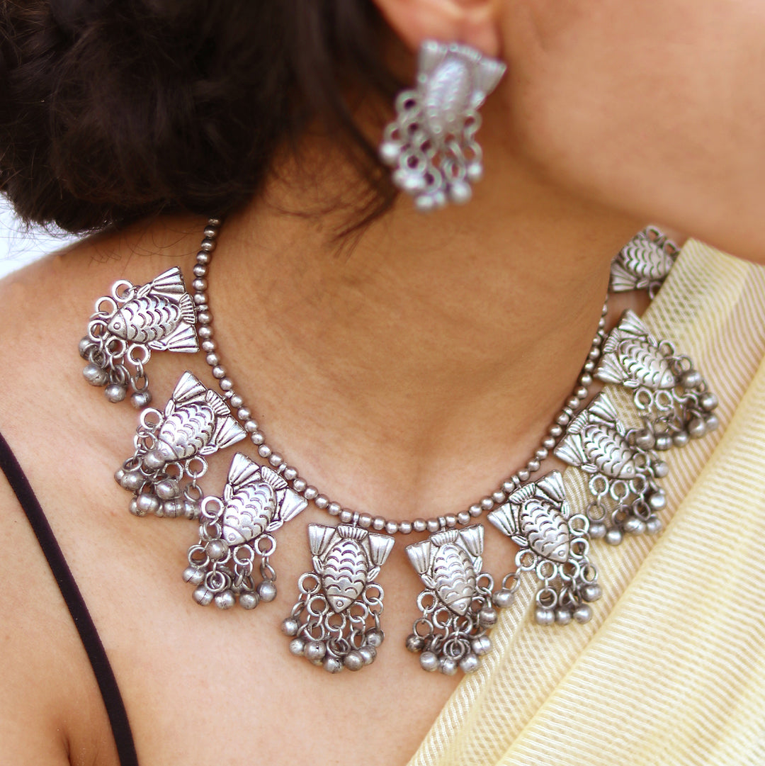 Teejh Meen Silver Oxidised Necklace Set