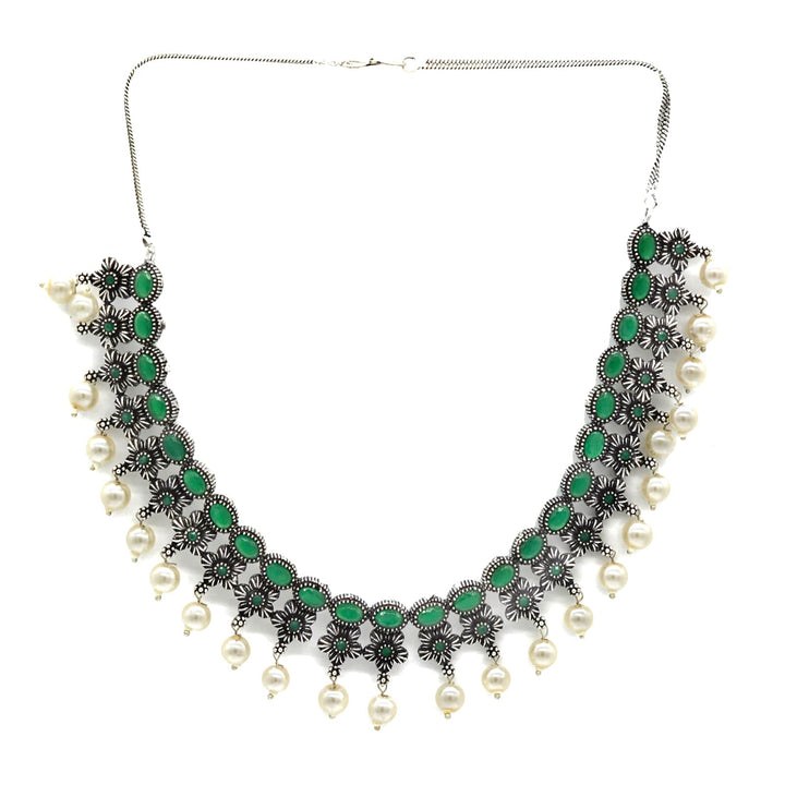 Ekladh Green Stone Silver Pearl Necklace Set - Teejh