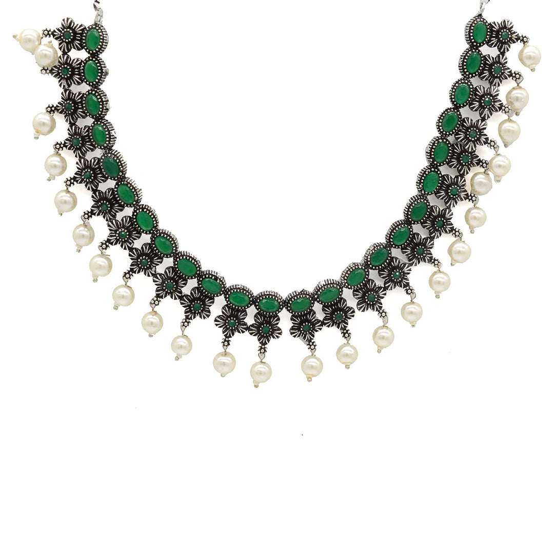 Ekladh Green Stone Silver Pearl Necklace Set - Teejh