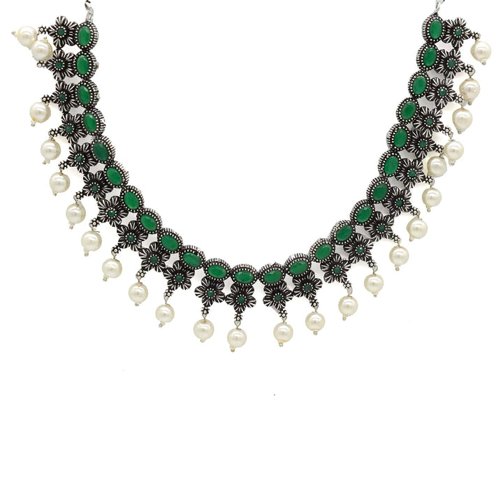 Ekladh Green Stone Silver Pearl Necklace Set - Teejh