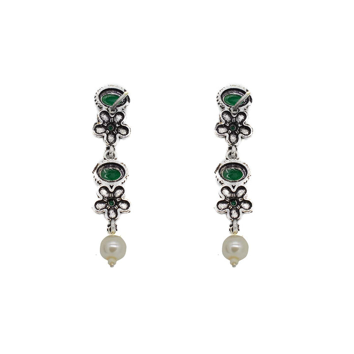 Ekladh Green Stone Silver Pearl Necklace Set - Teejh