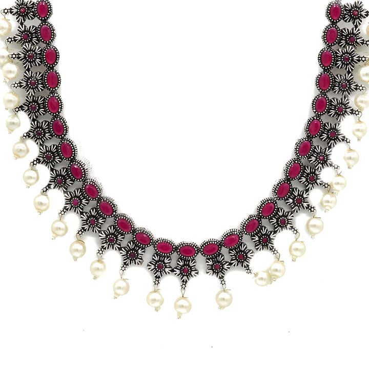 Ekladh Red Stone Silver Pearl Necklace Set - Teejh