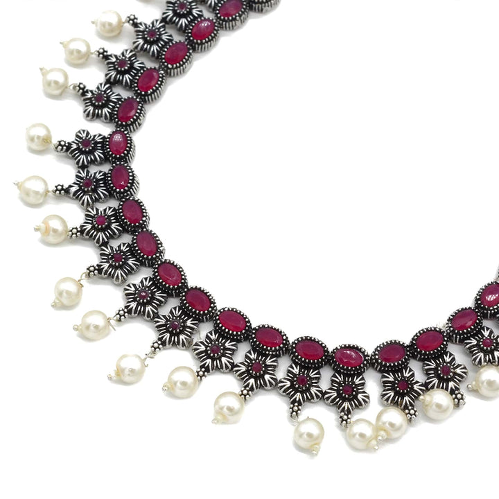 Ekladh Red Stone Silver Pearl Necklace Set - Teejh