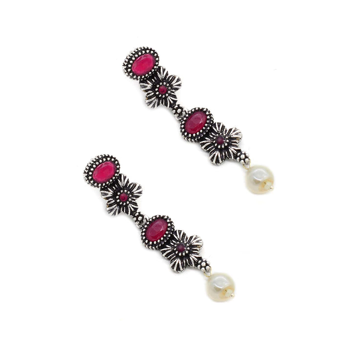 Ekladh Red Stone Silver Pearl Necklace Set - Teejh