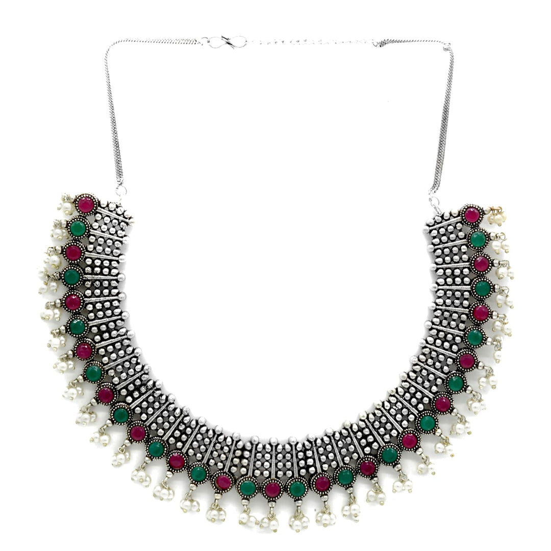 Symmetric Multi colored Silver Necklace Set - Teejh