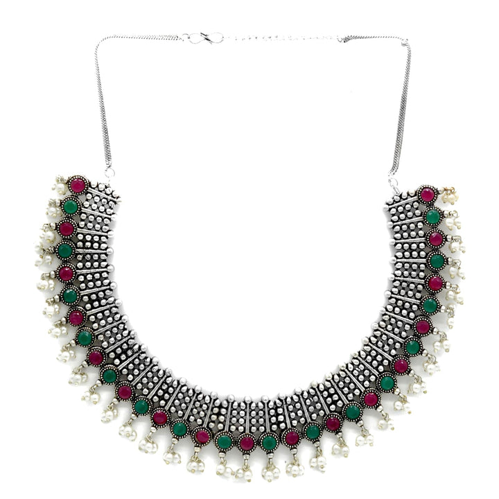 Symmetric Multi colored Silver Necklace Set - Teejh