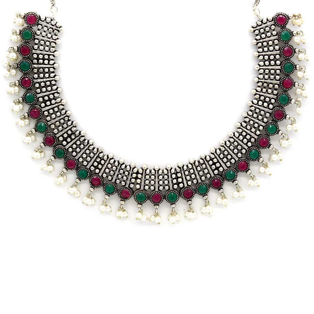 Symmetric Multi colored Silver Necklace Set - Teejh