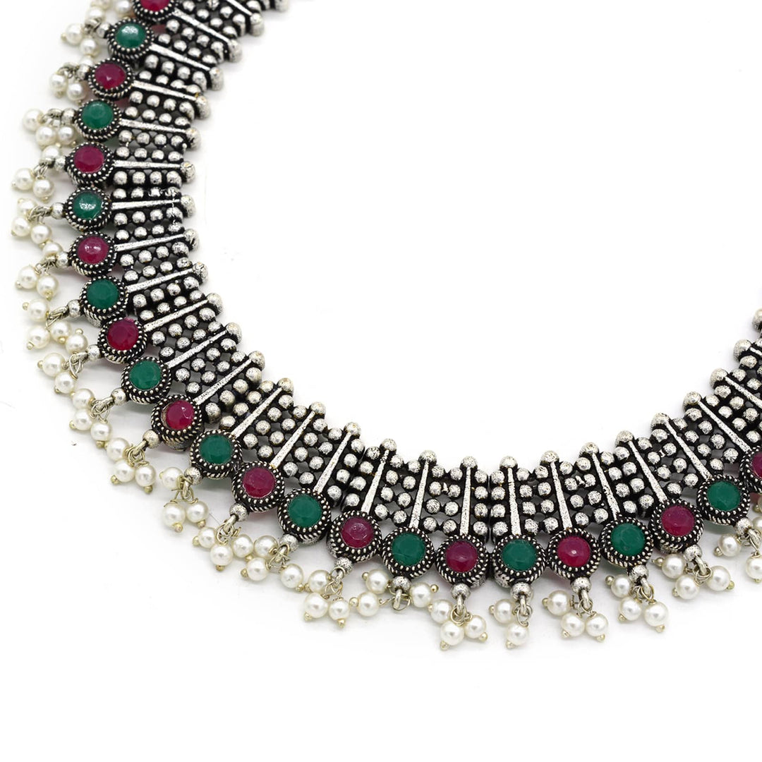 Symmetric Multi colored Silver Necklace Set - Teejh