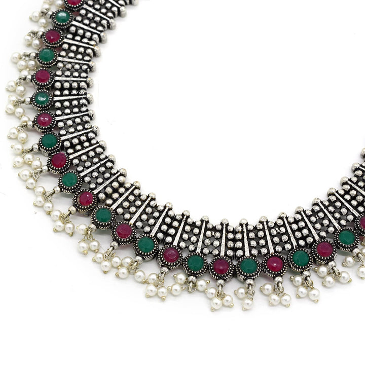 Symmetric Multi colored Silver Necklace Set - Teejh