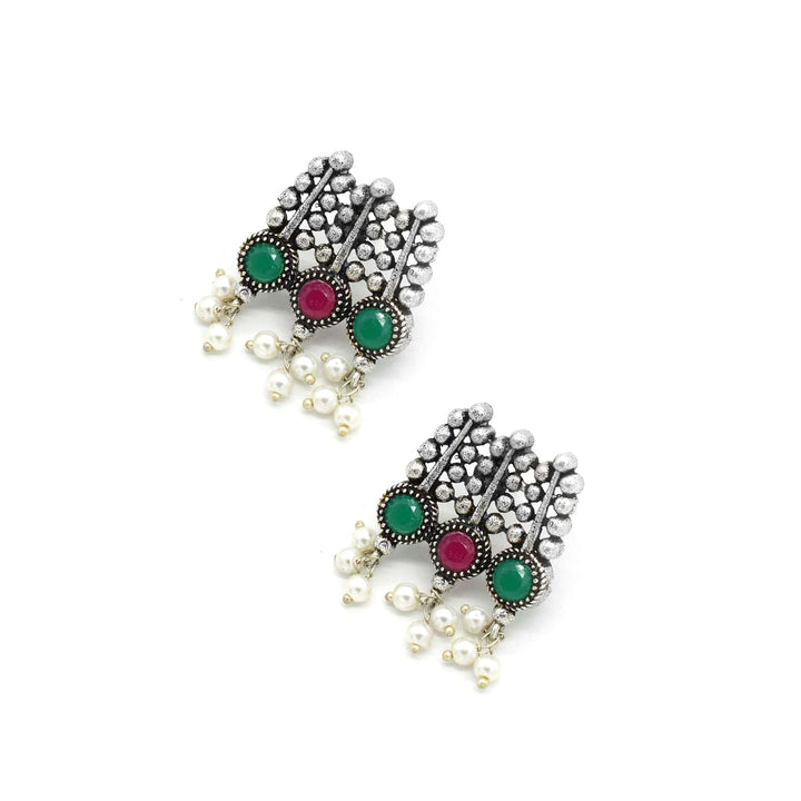 Symmetric Multi colored Silver Necklace Set - Teejh