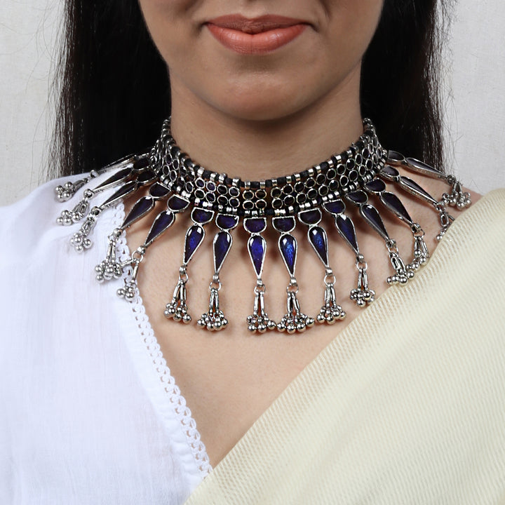 Teejh Inaya Blue Silver Oxidised Choker Necklace