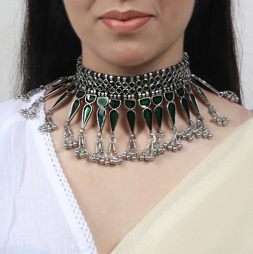 KRITTIKA JEWELLERS Afghani Oxidised Silver Necklace Set For Women - Ethnic Choker Jewelry Set