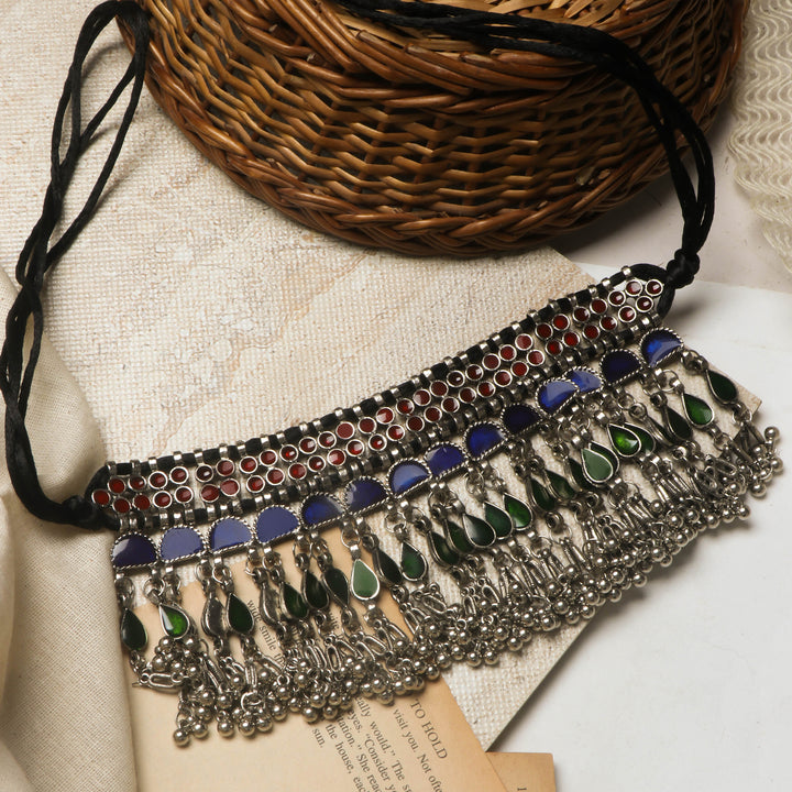 Teejh Zaira Mulitcolored Silver Oxidised Choker Necklace