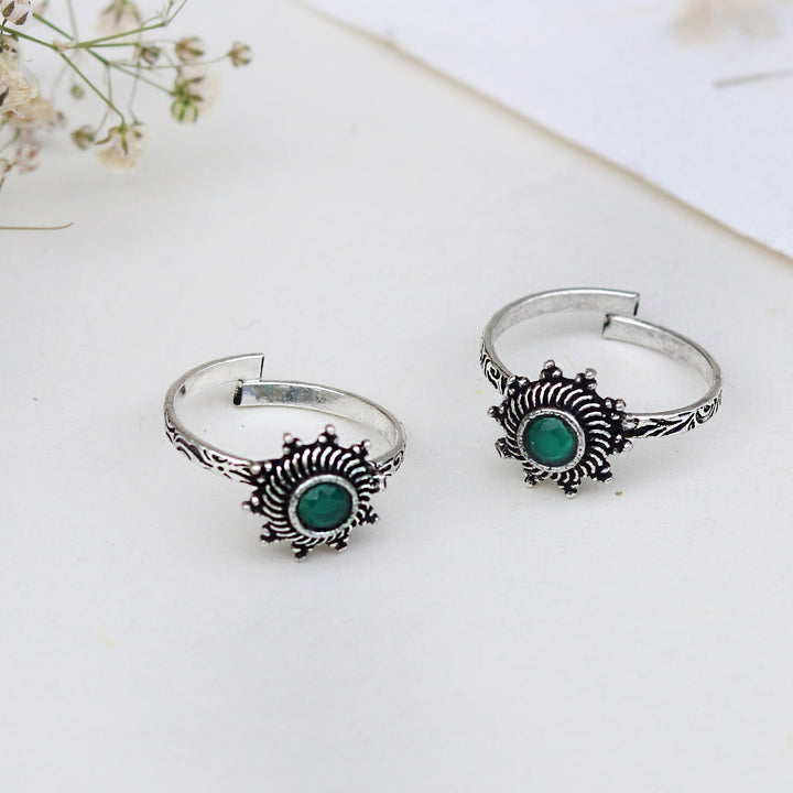 Teejh Aashvi Green Stone Silver Oxidised Toe Rings
