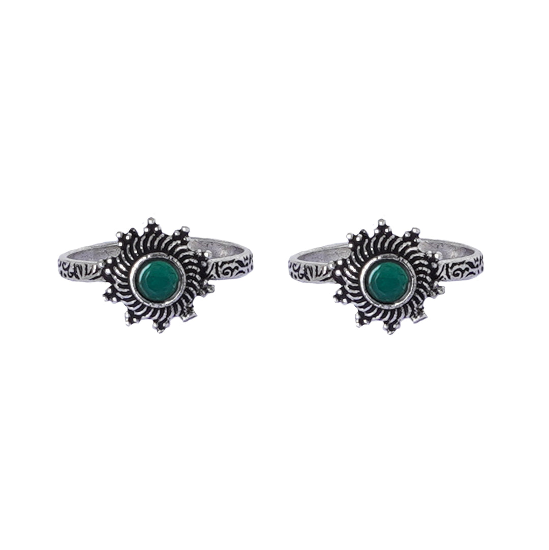 Teejh Aashvi Green Stone Silver Oxidised Toe Rings